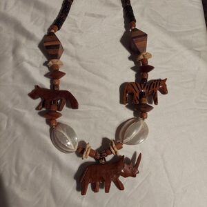 Carved Wood Safari Necklace Rhino Zebra Tiger 28"